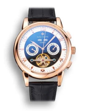 Patek Philippe Perpetual Calendar Tourbillon with a sleek black dial and stunning 44 mm rose gold plated case