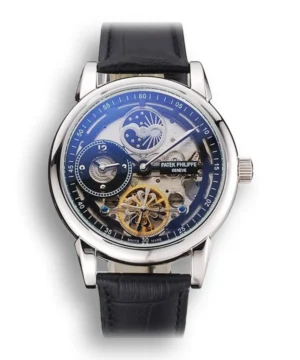 Patek Philippe Dual Time Moonphase Tourbillon with a black skeletonised dial