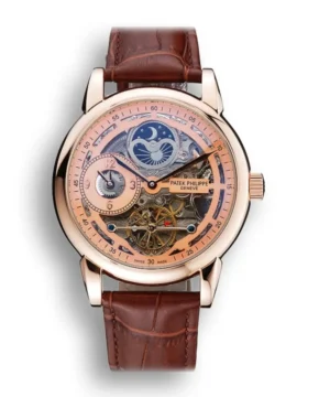 Patek Philippe Dual Time Moonphase Tourbillon Silver Skeletonised Dial 44 mm Rose Gold Plated