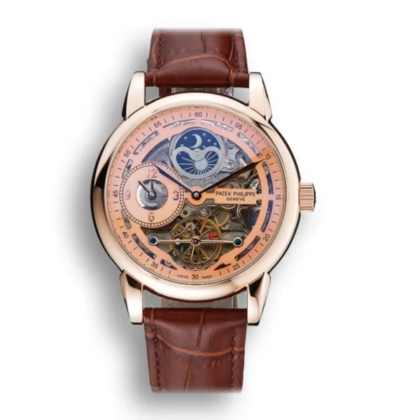 Patek Philippe Dual Time Moonphase Tourbillon Silver Skeletonised Dial 44 mm Rose Gold Plated