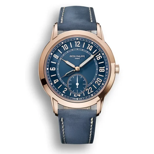 Replica Patek Philippe Complications 5224R-001 42mm rose gold watch featuring a 24-hour display and Travel Time function, designed for sophisticated travelers.