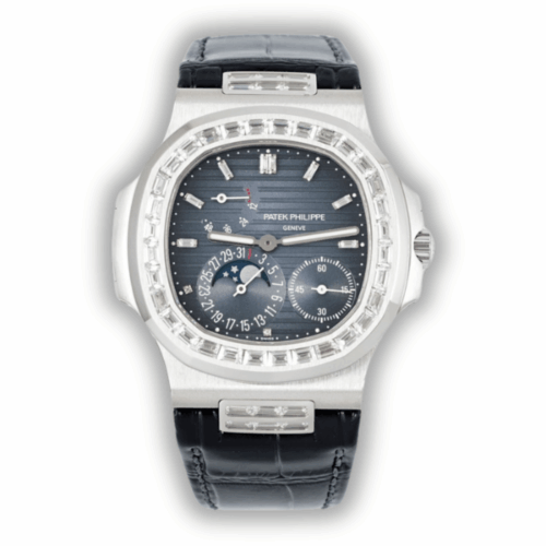 Replica Nautilus 5712G-001 Patek Philippe Moon phases.</br> <span style="color: #a8927b; font-size: 90%;">40 mm, Baguette Bezel, White gold, Dark Blue Dial </span>