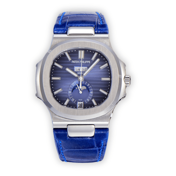 Replik der Nautilus 5726A-001 von Patek Philippe mit Jahreskalender und Mondphasen. 8927 mm, blaues Armband, blaues Zifferblatt