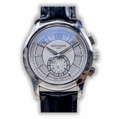 Replica Patek Philippe Complications 5905R-001 42mm white gold annual calendar chronograph with grey dial, offering sophisticated design and precise timekeeping.