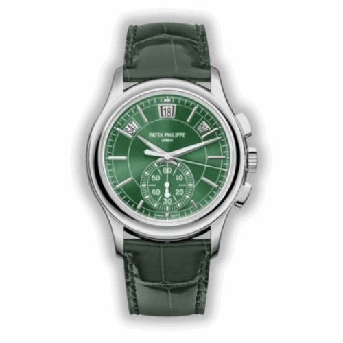 Replica Patek Philippe Complications 5905R-001 42mm white gold annual calendar chronograph with green dial, combining elegant design and advanced timekeeping functions.