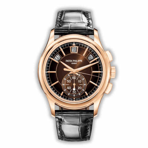 Replica Patek Philippe Complications 5905R-001 42mm rose gold annual calendar chronograph with brown dial, combining sophisticated design and advanced timekeeping.
