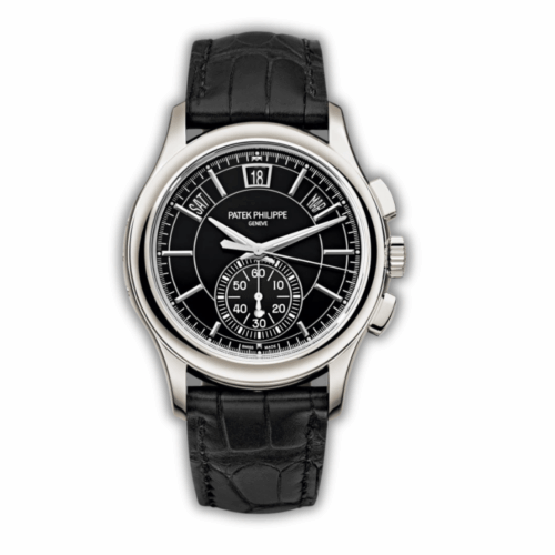 Fake Patek Philippe Complications 5905R-005 42mm white gold annual calendar chronograph with black dial, combining elegant design with sophisticated timekeeping.